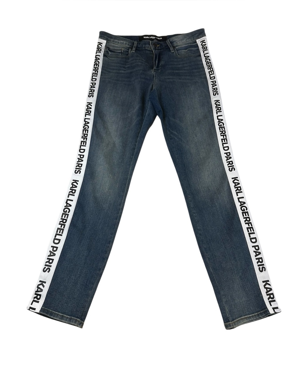 Karl Lagerfeld Women's Blue Denim Jeans with White Branded Side Tape Size 10